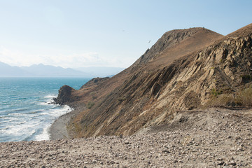 Nature of the Crimea. Beautiful sea view with mountains in the village of Koktebel