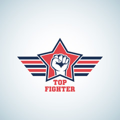 Top Fighter Abstract Vector Sign, Symbol, Icon or Logo Template. Striking Fist in Red Star with Stylized Wings.