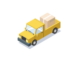 Vector isometric yellow wagon car with boxes, minivan, trucks for cargo transportation, delivery car icon, 3D flat business illustration