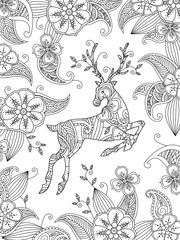 Fototapeta premium Coloring page with running deer and floral background. Vertical composition.
