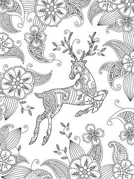 Coloring page with running deer and floral background. Vertical composition.