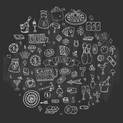 Hand drawn doodle set of Casino icons. Vector illustration set. Cartoon Gambling symbols. Sketchy game elements collection: bet, jackpot, cards, chips, coins, darts, roulette, poker, money, slot.