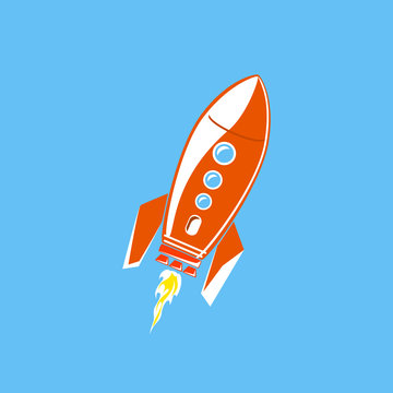 Red Rocket, Spaceship Isolated on Blue Background, Vector Illustration