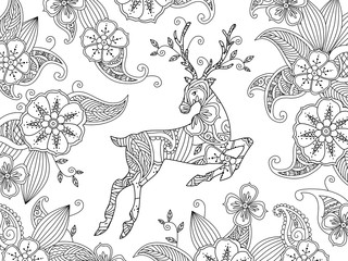 Obraz premium Coloring page with running deer and floral background. Horizontal composition.