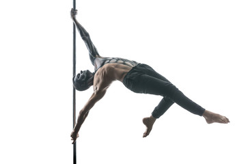 Male pole dancer with body-art on pylon