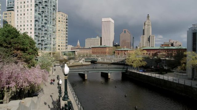 Wide shot of Providence River and skyline in background