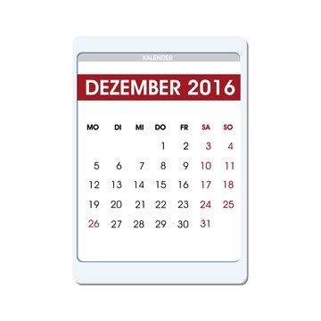 Kalender Monat Dezember 2016 - Grafik Vektor freigestellt - Tablet PC Computer Handy digitale Kalenderansicht