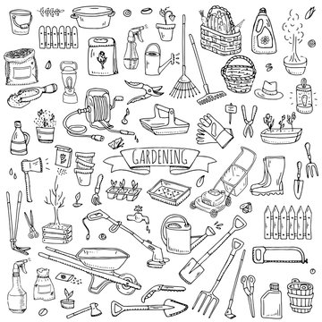 Hand drawn doodle set of Gardening icons. Vector illustration set. Cartoon Garden symbols. Sketchy elements collection: lawnmower, trimmer, spade, fork, rake, hoe, trug, wheelbarrow, hose reel.