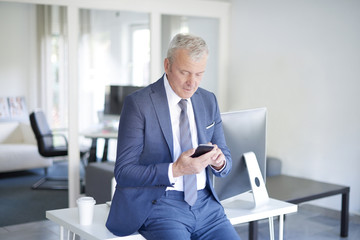 Business person with mobile phone. Shot of an senior businessman making call while sitting at...