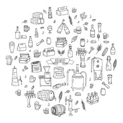 Hand drawn doodle set of Brewery icons. Vector illustration set. Cartoon Craft Beer production symbols. Sketchy brewing elements collection: pub equipment, malt, hop, glass, barrel, mill, beer tap.