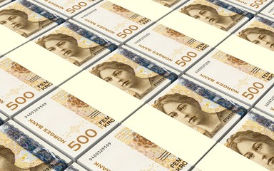 Norwegian krone bills stacks background. 3D illustration.