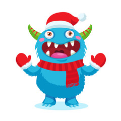 Cute Christmas Monster Vector. Holiday Cartoon Mascot. Isolated On White Background. Merry Christmas, Happy New Year Congratulation Decoration Design Element. Good For Xmas Card, Banner.
