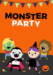 Monster Party Halloween Poster Invite Vector Illustration featuring cute dancing Zombie, Witch, Dracula and Werewolf children.