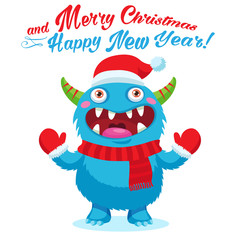 Cute Christmas Monster Vector Card. Holiday Cartoon Mascot. Merry Christmas, Happy New Year Congratulation Decoration Design Element. Good For Xmas Card, Banner.