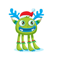 Green Christmas Monster Vector. Holiday Cartoon Mascot. Isolated On White Background. Merry Christmas, Happy New Year Congratulation Decoration Design Element. Good For Xmas Card, Banner.