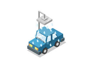 Vector isometric illustration of car wash, 3D flat design icon, auto service symbol, blue car taking a shower