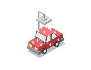 Vector isometric illustration of car wash, 3D flat design icon, auto service symbol, red car taking a shower