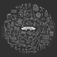 Hand drawn doodle set of Gardening icons. Vector illustration set. Cartoon Garden symbols. Sketchy elements collection: lawnmower, trimmer, spade, fork, rake, hoe, trug, wheelbarrow, hose reel.