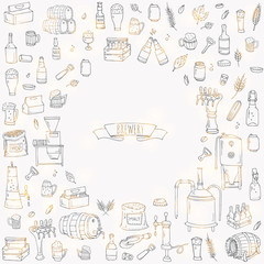 Hand drawn doodle set of Brewery icons. Vector illustration set. Cartoon Craft Beer production symbols. Sketchy brewing elements collection: pub equipment, malt, hop, glass, barrel, mill, beer tap.
