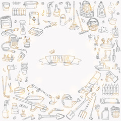 Hand drawn doodle set of Gardening icons. Vector illustration set. Cartoon Garden symbols. Sketchy elements collection: lawnmower, trimmer, spade, fork, rake, hoe, trug, wheelbarrow, hose reel.