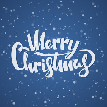 Vector illustration: Handwritten modern lettering of Merry Christmas on Blurred snowfall background.
