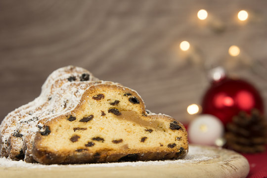 Traditional Christmas stollen with holiday decoration