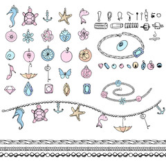 Set with bracelets, beads, chains, woman fashion. Chains are endless, seamless pattern brushes.