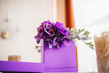 beautiful square box with delicate purple hydrangeas