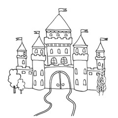 Obraz premium Hand drawn cartoon fairy tale castle icon. Vector illustration. Doodle style Castle for princess. Sketch tree, fairytale, game icon, cute magic kingdom. Old building facade. Tower with flags.