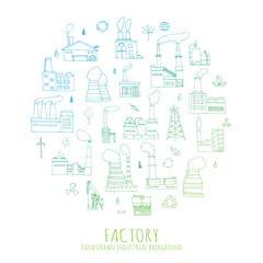 Hand drawn doodle Factory set Vector illustration Sketchy cartoon Industrial factory icons Factory building Manufacture building Eco concept Pipe with smoke Pollution Recycling Tree Plant Leaves