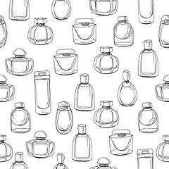 Seamless pattern with different bottles of woman perfume. Contour, black and white. Endless texture for fashion design,wrappings,fabrics.