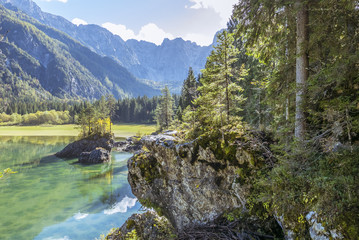 Beautiful mountain lake in autumn, laghi di fusine, italy