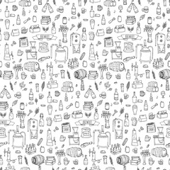 Seamless pattern Hand drawn doodle set of Brewery icons. Vector illustration set. Cartoon Craft Beer production symbols. Sketchy brewing elements collection: pub equipment, malt, hop, glass, barrel