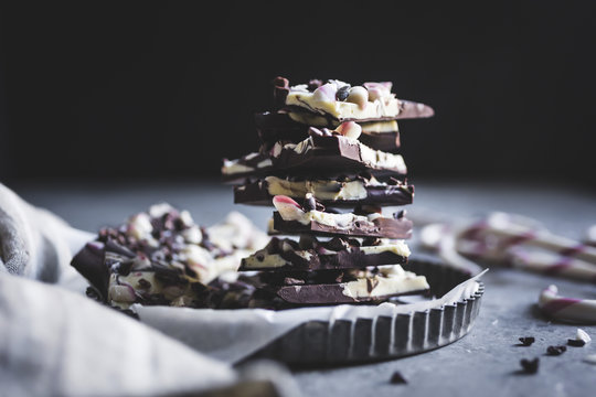 All-natural dark chocolate peppermint bark with cacao nibs and f