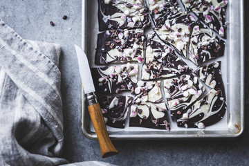 All-natural dark chocolate peppermint bark with cacao nibs and f