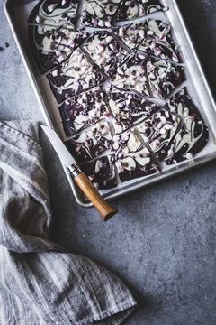 All-natural dark chocolate peppermint bark with cacao nibs and f