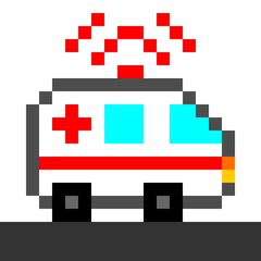 pixel art of ambulance running on the road with flashing siren