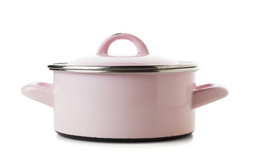 Shabby pink enamel pot isolated on white