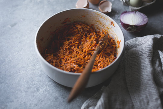 Ingredients for harissa sweet potato latkes, gluten-free.
