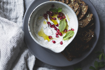 Spiced garlic yogurt dip with mint.