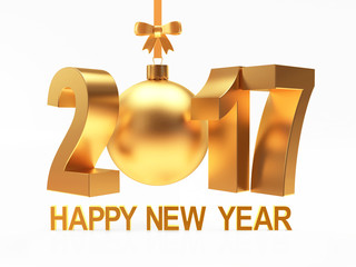 Golden numbers 2017 with New Year greeting isolated on white background. 3D illustration  