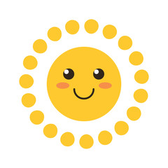 Flat design smiling cartoon sun isolated on white background. Vector illustration.