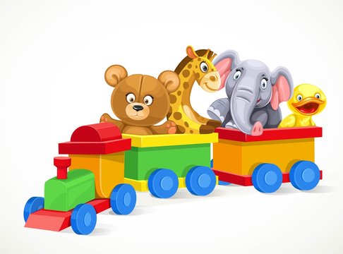 Toy train with soft toys on the train isolated on white background