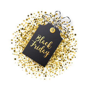 Black Friday Sales Tag. Black Tag With Golden Glitter Isolated On White Backround.