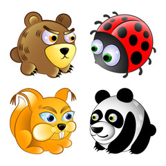 vector set of four cartoon animal characters, bear, squirrel, ladybug, panda