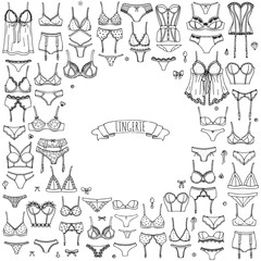Hand drawn doodle Lingerie icon set. Fashion feminine vector illustration. Sexy lacy woman underwear symbol collection. Cartoon various sketch elements: bra, panties, corset, brassiere, string, bikini