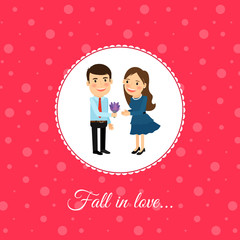 Fall in love couple, valintines day card template with pink background. Vector illustration