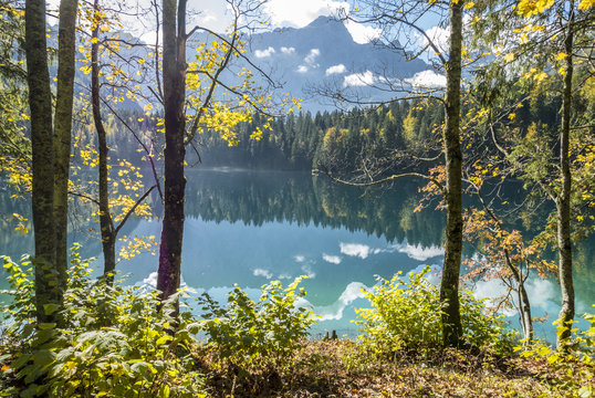 Beautiful mountain lake in autumn, laghi di fusine, italy