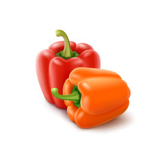 Two Vector Colored Orange and Red Sweet Bulgarian Bell Peppers, Paprika on White Background