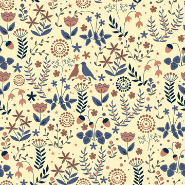 Doodle seamless floral pattern with flowers and birds
